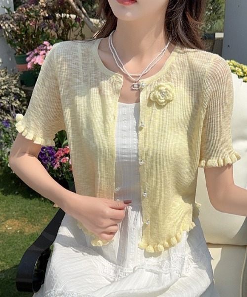 tolene(トレネ)の「大人ガーリー!バラモチーフ×メローフリル サマーニットカーディガン トップス(ニット/セーター・レディース・ホワイト/グリーン/ライトピンク/ライトブルー/イエロー・FREE)」の4枚目の写真