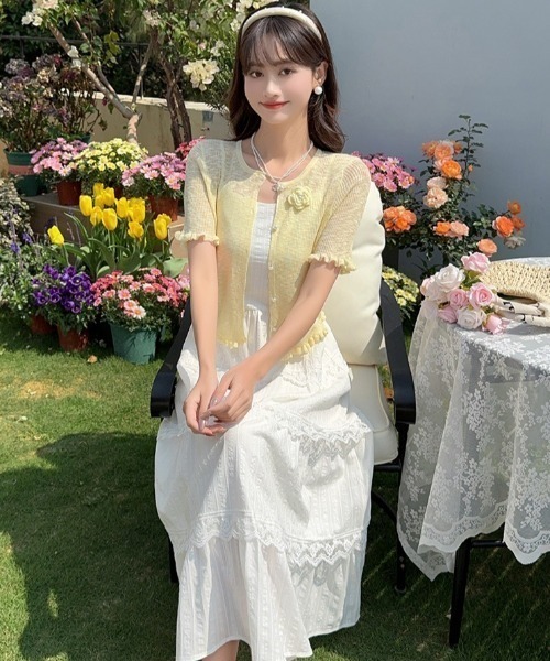 tolene(トレネ)の「大人ガーリー!バラモチーフ×メローフリル サマーニットカーディガン トップス(ニット/セーター・レディース・ホワイト/グリーン/ライトピンク/ライトブルー/イエロー・FREE)」の13枚目の写真