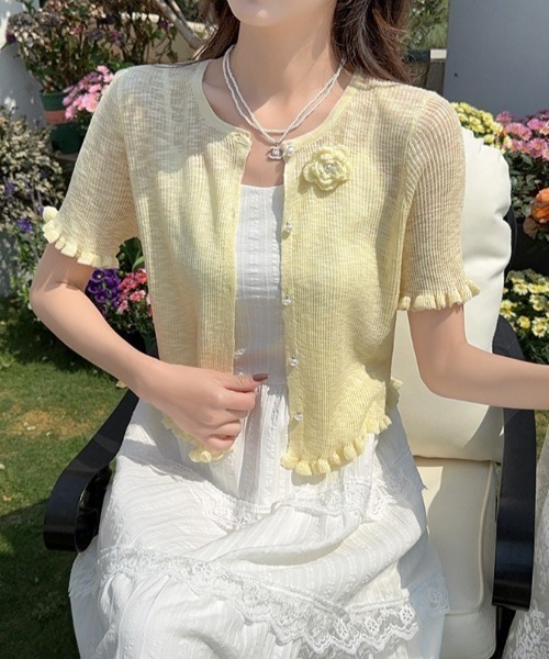 tolene(トレネ)の「大人ガーリー!バラモチーフ×メローフリル サマーニットカーディガン トップス(ニット/セーター・レディース・ホワイト/グリーン/ライトピンク/ライトブルー/イエロー・FREE)」の11枚目の写真