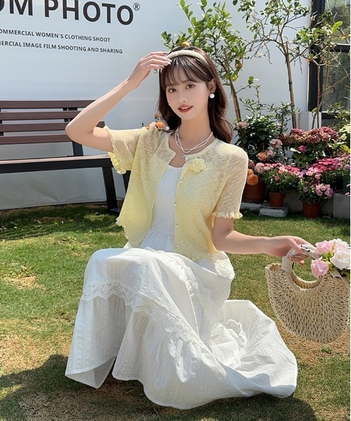 tolene(トレネ)の「大人ガーリー!バラモチーフ×メローフリル サマーニットカーディガン トップス(ニット/セーター・レディース・ホワイト/グリーン/ライトピンク/ライトブルー/イエロー・FREE)」の14枚目の写真