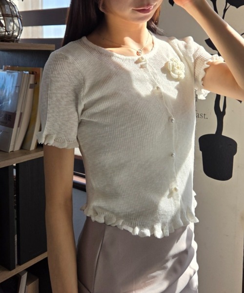 tolene(トレネ)の「大人ガーリー!バラモチーフ×メローフリル サマーニットカーディガン トップス(ニット/セーター・レディース・ホワイト/グリーン/ライトピンク/ライトブルー/イエロー・FREE)」の6枚目の写真