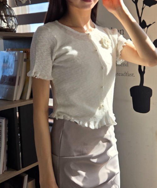 tolene(トレネ)の「大人ガーリー!バラモチーフ×メローフリル サマーニットカーディガン トップス(ニット/セーター・レディース・ホワイト/グリーン/ライトピンク/ライトブルー/イエロー・FREE)」の7枚目の写真