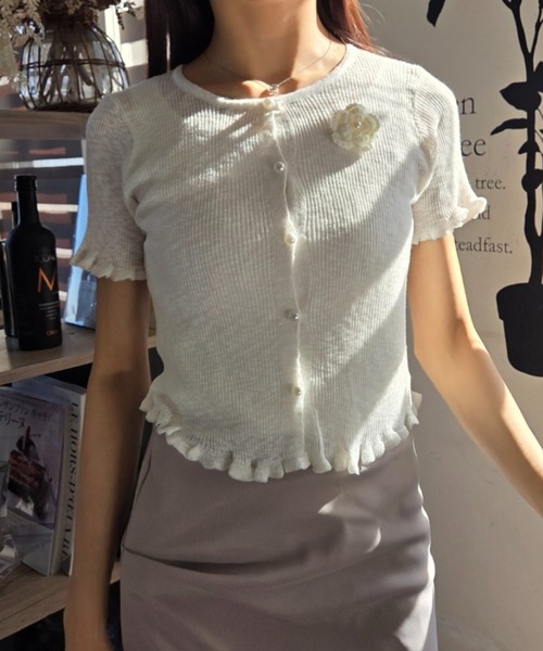 tolene(トレネ)の「大人ガーリー!バラモチーフ×メローフリル サマーニットカーディガン トップス(ニット/セーター・レディース・ホワイト/グリーン/ライトピンク/ライトブルー/イエロー・FREE)」の8枚目の写真