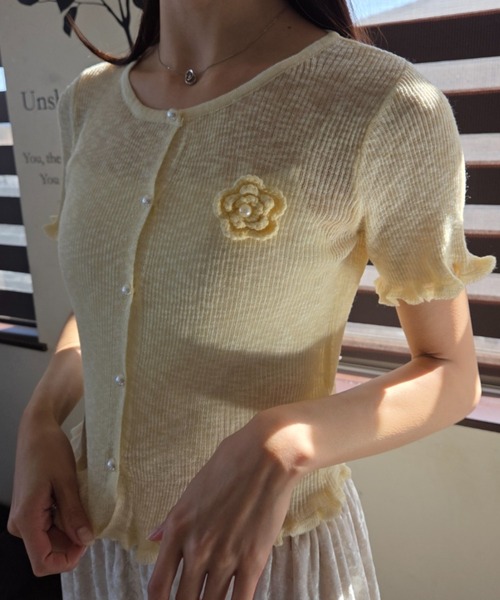 tolene(トレネ)の「大人ガーリー!バラモチーフ×メローフリル サマーニットカーディガン トップス(ニット/セーター・レディース・ホワイト/グリーン/ライトピンク/ライトブルー/イエロー・FREE)」の21枚目の写真
