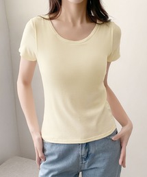 カップ付き 深めクルーネック デコルテきれい見え半袖Tシャツ