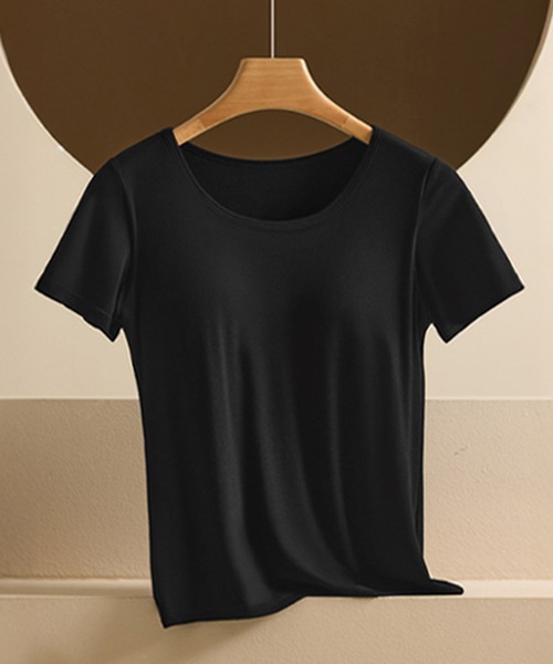 LOWO(ロワ)の「カップ付き 深めクルーネック デコルテきれい見え半袖Tシャツ(Tシャツ/カットソー・レディース・キャメル/ブラック/アイボリー/グレー・L/M/3L/2L)」の12枚目の写真