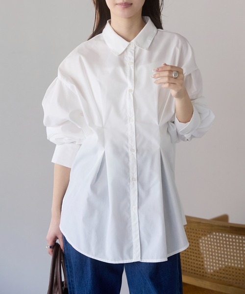 PREFERIR（プレフェリール）の「ウエストタックオーバーサイズシャツブラウス （ストライプ/無地/体型カバー／ボリューム袖／ヒップ丈）（シャツ/ブラウス・レディース・ブルー/サックスブルー/ホワイト/ベージュ・FREE）」の2枚目の写真