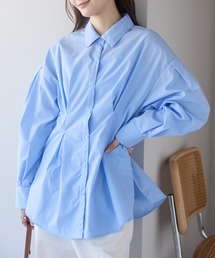 PREFERIR | ウエストタックオーバーサイズシャツブラウス (ストライプ/無地/体型カバー/ボリューム袖/ヒップ丈)(シャツ/ブラウス)