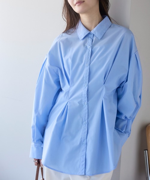 PREFERIR（プレフェリール）の「ウエストタックオーバーサイズシャツブラウス （ストライプ/無地/体型カバー／ボリューム袖／ヒップ丈）（シャツ/ブラウス・レディース・ブルー/サックスブルー/ホワイト/ベージュ・FREE）」の7枚目の写真