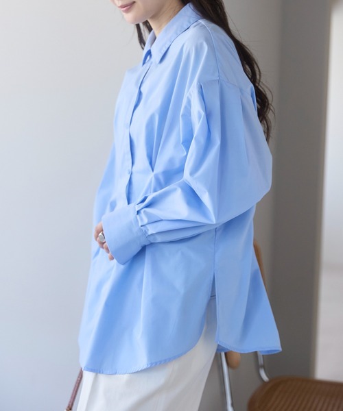 PREFERIR（プレフェリール）の「ウエストタックオーバーサイズシャツブラウス （ストライプ/無地/体型カバー／ボリューム袖／ヒップ丈）（シャツ/ブラウス・レディース・ブルー/サックスブルー/ホワイト/ベージュ・FREE）」の9枚目の写真