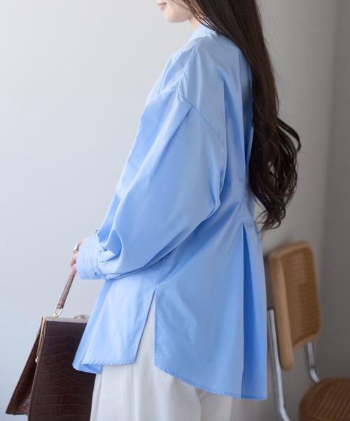 PREFERIR（プレフェリール）の「ウエストタックオーバーサイズシャツブラウス （ストライプ/無地/体型カバー／ボリューム袖／ヒップ丈）（シャツ/ブラウス・レディース・ブルー/サックスブルー/ホワイト/ベージュ・FREE）」の8枚目の写真