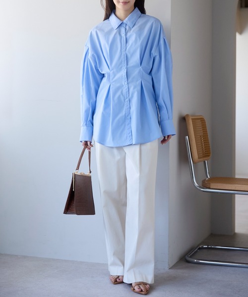 PREFERIR（プレフェリール）の「ウエストタックオーバーサイズシャツブラウス （ストライプ/無地/体型カバー／ボリューム袖／ヒップ丈）（シャツ/ブラウス・レディース・ブルー/サックスブルー/ホワイト/ベージュ・FREE）」の12枚目の写真