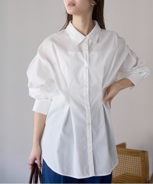 PREFERIR（プレフェリール）の「ウエストタックオーバーサイズシャツブラウス （ストライプ/無地/体型カバー／ボリューム袖／ヒップ丈）（シャツ/ブラウス・レディース・ブルー/サックスブルー/ホワイト/ベージュ・FREE）」の18枚目の写真