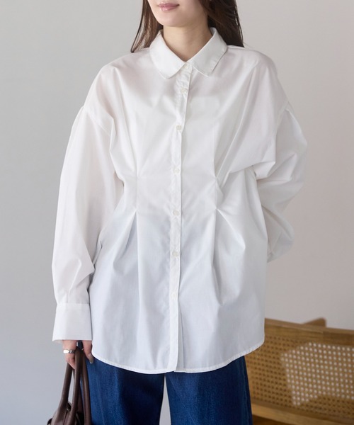 PREFERIR（プレフェリール）の「ウエストタックオーバーサイズシャツブラウス （ストライプ/無地/体型カバー／ボリューム袖／ヒップ丈）（シャツ/ブラウス・レディース・ブルー/サックスブルー/ホワイト/ベージュ・FREE）」の19枚目の写真