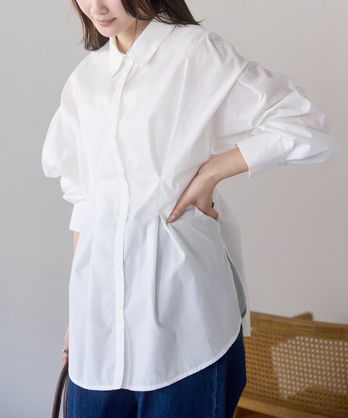 PREFERIR（プレフェリール）の「ウエストタックオーバーサイズシャツブラウス （ストライプ/無地/体型カバー／ボリューム袖／ヒップ丈）（シャツ/ブラウス・レディース・ブルー/サックスブルー/ホワイト/ベージュ・FREE）」の20枚目の写真