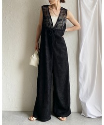 She's Closet（シーズクローゼット）の「刺繍レース 深Vネック ノースリーブ オールインワンワイドパンツ サロペット（サロペット/オーバーオール）」