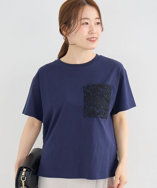 le.coeur blanc(ルクールブラン)の「レースポケットデザインTシャツ(Tシャツ/カットソー・レディース・ネイビー/オフホワイト・38)」の10枚目の写真