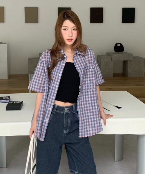 AsRiRe(アスリレイ)の「26ss ユニサックス/ ゆるシルエットチェック半袖シャツ(シャツ/ブラウス・メンズ・ホワイト/ピンク・M/L)」の2枚目の写真