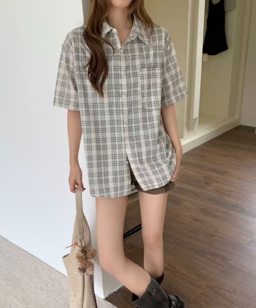 AsRiRe(アスリレイ)の「26ss ユニサックス/ ゆるシルエットチェック半袖シャツ(シャツ/ブラウス・メンズ・ホワイト/ピンク・M/L)」の19枚目の写真
