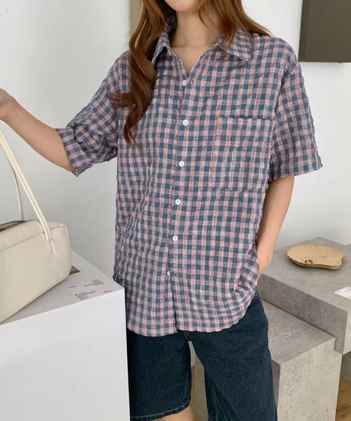 AsRiRe(アスリレイ)の「26ss ユニサックス/ ゆるシルエットチェック半袖シャツ(シャツ/ブラウス・メンズ・ホワイト/ピンク・M/L)」の12枚目の写真