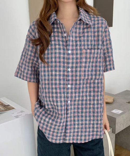 AsRiRe(アスリレイ)の「26ss ユニサックス/ ゆるシルエットチェック半袖シャツ(シャツ/ブラウス・メンズ・ホワイト/ピンク・M/L)」の11枚目の写真