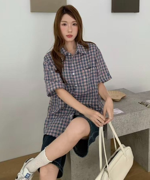 AsRiRe(アスリレイ)の「26ss ユニサックス/ ゆるシルエットチェック半袖シャツ(シャツ/ブラウス・メンズ・ホワイト/ピンク・M/L)」の9枚目の写真
