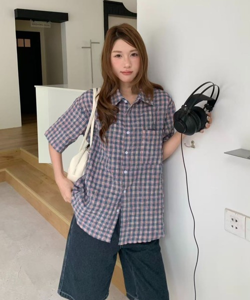 AsRiRe(アスリレイ)の「26ss ユニサックス/ ゆるシルエットチェック半袖シャツ(シャツ/ブラウス・メンズ・ホワイト/ピンク・M/L)」の8枚目の写真