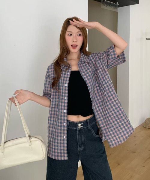 AsRiRe(アスリレイ)の「26ss ユニサックス/ ゆるシルエットチェック半袖シャツ(シャツ/ブラウス・メンズ・ホワイト/ピンク・M/L)」の7枚目の写真