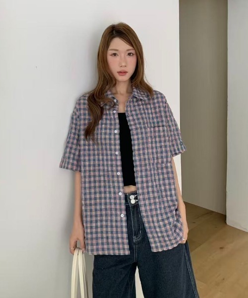 AsRiRe(アスリレイ)の「26ss ユニサックス/ ゆるシルエットチェック半袖シャツ(シャツ/ブラウス・メンズ・ホワイト/ピンク・M/L)」の6枚目の写真