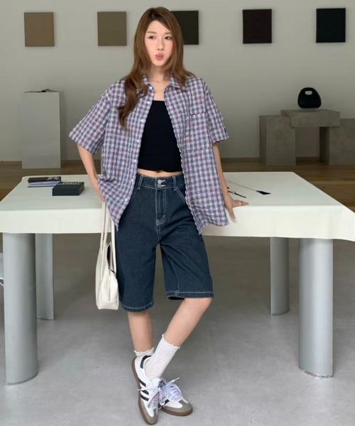 AsRiRe(アスリレイ)の「26ss ユニサックス/ ゆるシルエットチェック半袖シャツ(シャツ/ブラウス・メンズ・ホワイト/ピンク・M/L)」の4枚目の写真