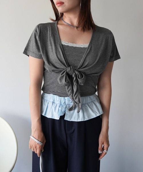 SANSeLF(サンセルフ)の「【SANSeLF】レーストリムボーダーキャミ&ボレロセットトップス saw26s081(その他トップス・レディース・グレー・FREE)」の1枚目の写真