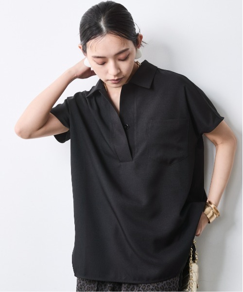 CHIC STYLE(シックスタイル)の「フレンチスリーブスキッパーシャツ<大きいサイズ有>シックスタイル(シャツ/ブラウス・レディース・ブラック/モカ・M/3L/LL/L/4L/5L)」の2枚目の写真