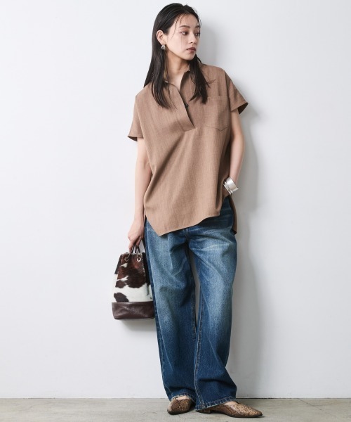 CHIC STYLE(シックスタイル)の「フレンチスリーブスキッパーシャツ<大きいサイズ有>シックスタイル(シャツ/ブラウス・レディース・ブラック/モカ・M/3L/LL/L/4L/5L)」の6枚目の写真