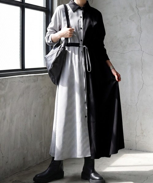 antiqua(アンティカ)の「ストライプ柄 切替 シャツワンピース(シャツワンピース・レディース・ブラック・ONESIZE)」の2枚目の写真