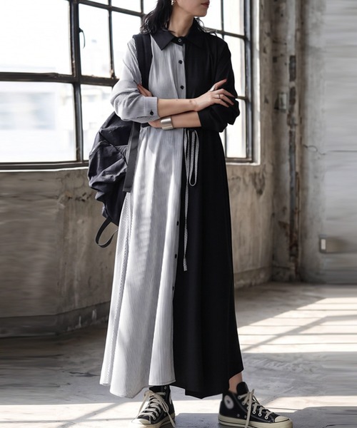 antiqua(アンティカ)の「ストライプ柄 切替 シャツワンピース(シャツワンピース・レディース・ブラック・ONESIZE)」の4枚目の写真