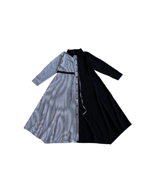 antiqua(アンティカ)の「ストライプ柄 切替 シャツワンピース(シャツワンピース・レディース・ブラック・ONESIZE)」の6枚目の写真