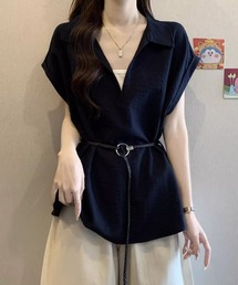 ベルト付き フェイクレイヤード Vネック 半袖シャツTシャツ