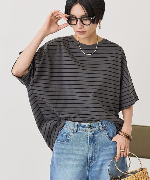 AMERICAN HOLIC（アメリカンホリック）の「【UVカット・接触冷感】ボーダーコクーンプルオーバー（Tシャツ/カットソー・レディース・チャコールグレー/カーキ系1/オフホワイト・L/M）」の13枚目の写真