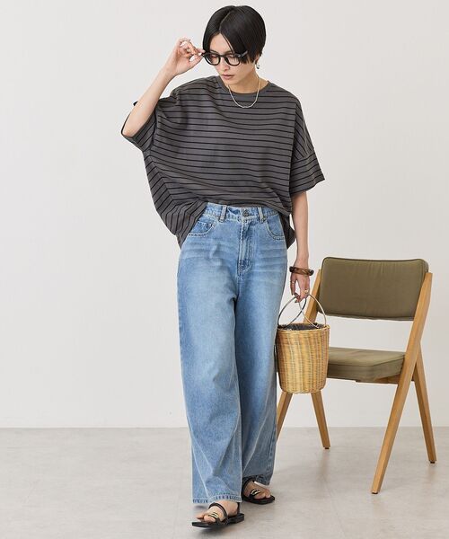 AMERICAN HOLIC（アメリカンホリック）の「【UVカット・接触冷感】ボーダーコクーンプルオーバー（Tシャツ/カットソー・レディース・チャコールグレー/カーキ系1/オフホワイト・L/M）」の15枚目の写真
