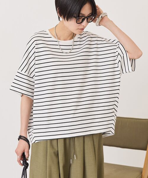 AMERICAN HOLIC（アメリカンホリック）の「【UVカット・接触冷感】ボーダーコクーンプルオーバー（Tシャツ/カットソー・レディース・チャコールグレー/カーキ系1/オフホワイト・L/M）」の20枚目の写真