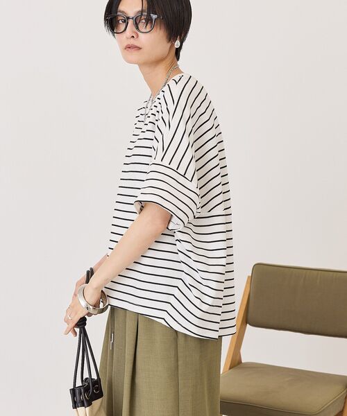 AMERICAN HOLIC（アメリカンホリック）の「【UVカット・接触冷感】ボーダーコクーンプルオーバー（Tシャツ/カットソー・レディース・チャコールグレー/カーキ系1/オフホワイト・L/M）」の21枚目の写真