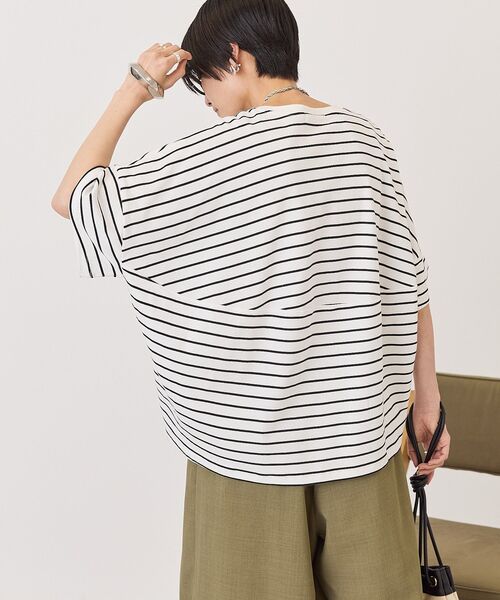 AMERICAN HOLIC（アメリカンホリック）の「【UVカット・接触冷感】ボーダーコクーンプルオーバー（Tシャツ/カットソー・レディース・チャコールグレー/カーキ系1/オフホワイト・L/M）」の22枚目の写真