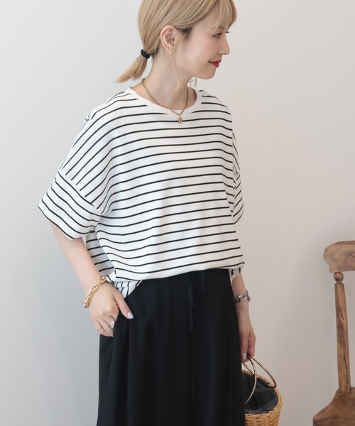 AMERICAN HOLIC（アメリカンホリック）の「【UVカット・接触冷感】ボーダーコクーンプルオーバー（Tシャツ/カットソー・レディース・チャコールグレー/カーキ系1/オフホワイト・L/M）」の6枚目の写真