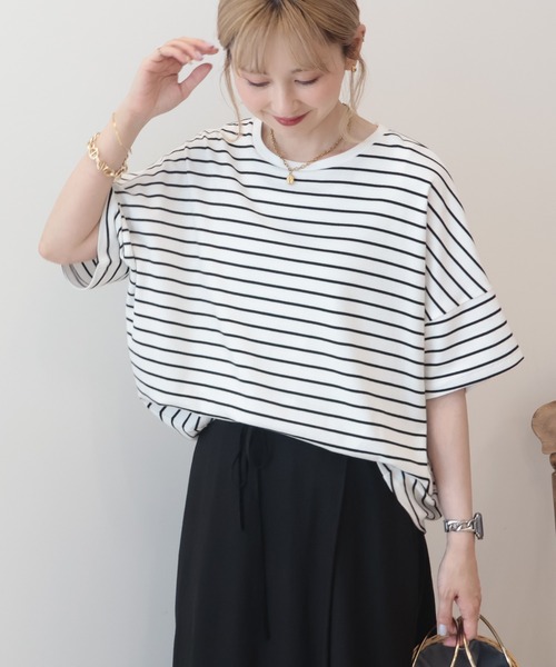 AMERICAN HOLIC（アメリカンホリック）の「【UVカット・接触冷感】ボーダーコクーンプルオーバー（Tシャツ/カットソー・レディース・チャコールグレー/カーキ系1/オフホワイト・L/M）」の7枚目の写真
