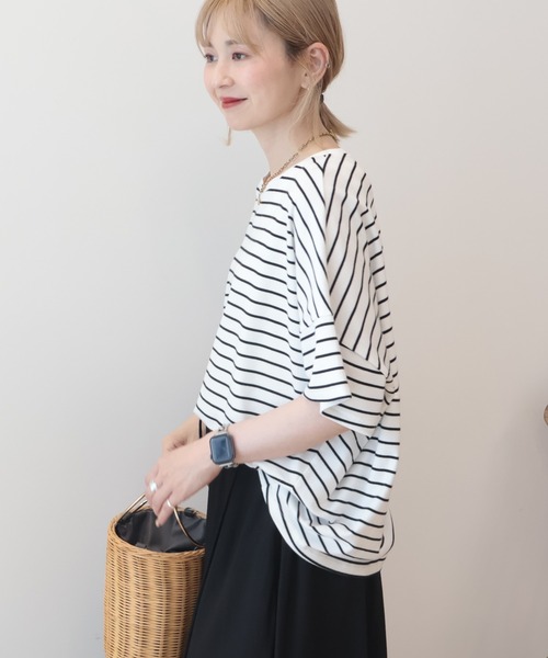 AMERICAN HOLIC（アメリカンホリック）の「【UVカット・接触冷感】ボーダーコクーンプルオーバー（Tシャツ/カットソー・レディース・チャコールグレー/カーキ系1/オフホワイト・L/M）」の8枚目の写真
