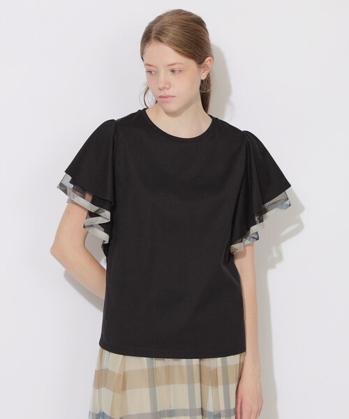 CB CRESTBRIDGE(シービークレストブリッジ)の「シアーレイヤーラッフルスリーブトップス(Tシャツ/カットソー・レディース・ブラック/パープル系その他4/オフホワイト/ネイビー・M)」の2枚目の写真