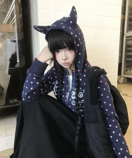 GEMEDA(ジェメダ)の「可愛い耳デザインフード付きジップパーカー(パーカー・レディース・ネイビー・M)」の5枚目の写真