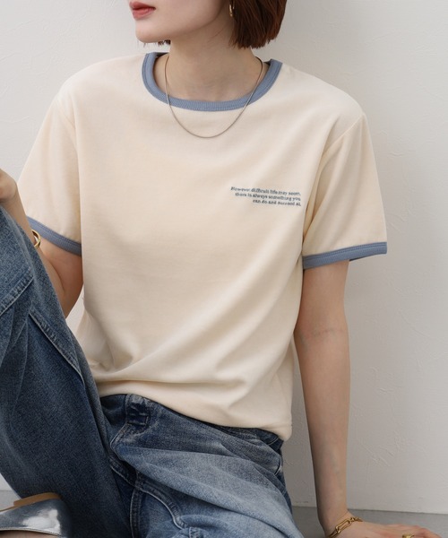 FUNALIVE(ファンアライブ)の「微光沢パイル リンガーTシャツ 半袖(Tシャツ/カットソー・レディース・ベージュ・FREE)」の1枚目の写真