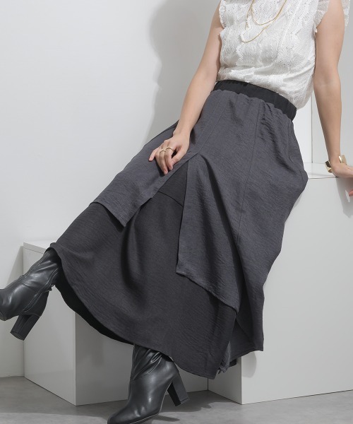 Material(Avenue)(マテリアル)の「【Material】ワッシャースラブ 濃淡配色 レイヤードドラップ イージー ロング スカート(スカート・レディース・ブラウン/チャコール/インディゴブルー・FREE)」の2枚目の写真