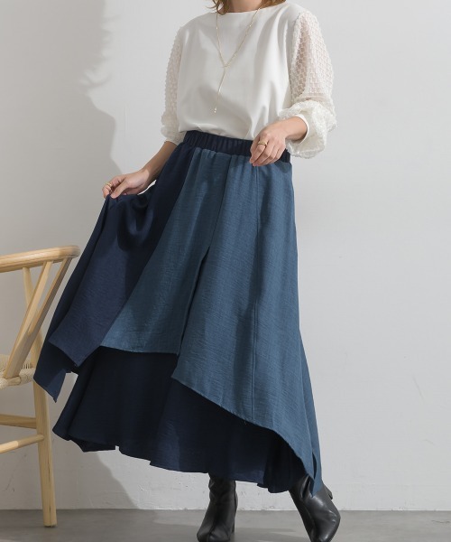 Material(Avenue)(マテリアル)の「【Material】ワッシャースラブ 濃淡配色 レイヤードドラップ イージー ロング スカート(スカート・レディース・ブラウン/チャコール/インディゴブルー・FREE)」の4枚目の写真